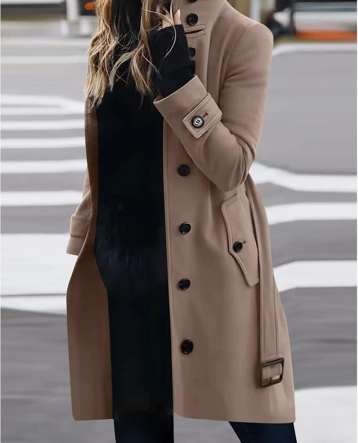 Womens Trench Coat Single Breasted Belted Coats Oversized Thick Warm Outerwear Stand Collar Winter Wool Blend Outwear