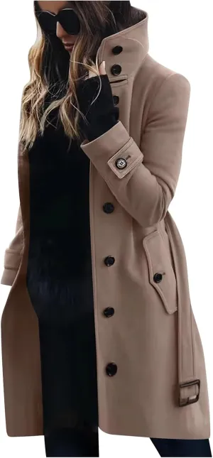 Womens Trench Coat Single Breasted Belted Coats Oversized Thick Warm Outerwear Stand Collar Winter Wool Blend Outwear