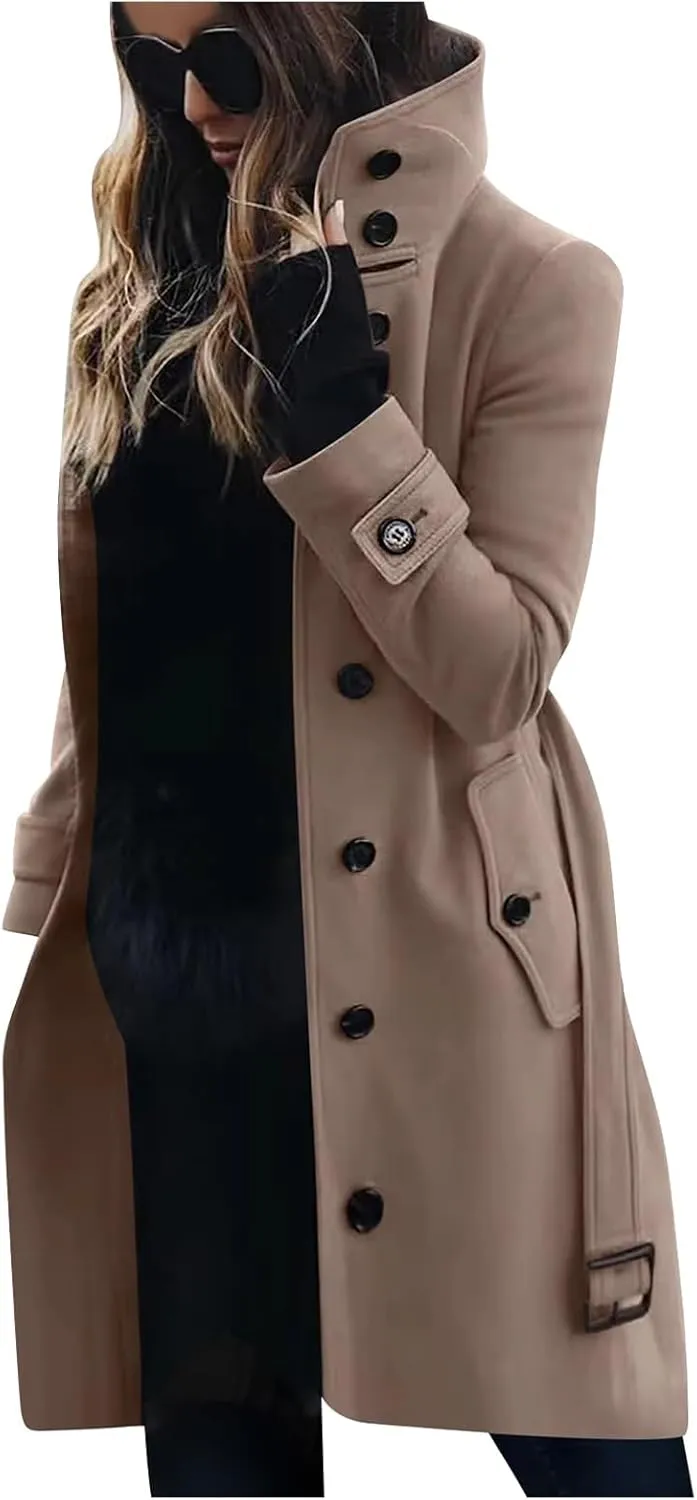 Womens Trench Coat Single Breasted Belted Coats Oversized Thick Warm Outerwear Stand Collar Winter Wool Blend Outwear