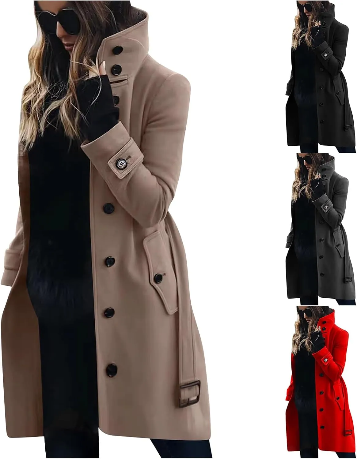 Womens Trench Coat Single Breasted Belted Coats Oversized Thick Warm Outerwear Stand Collar Winter Wool Blend Outwear
