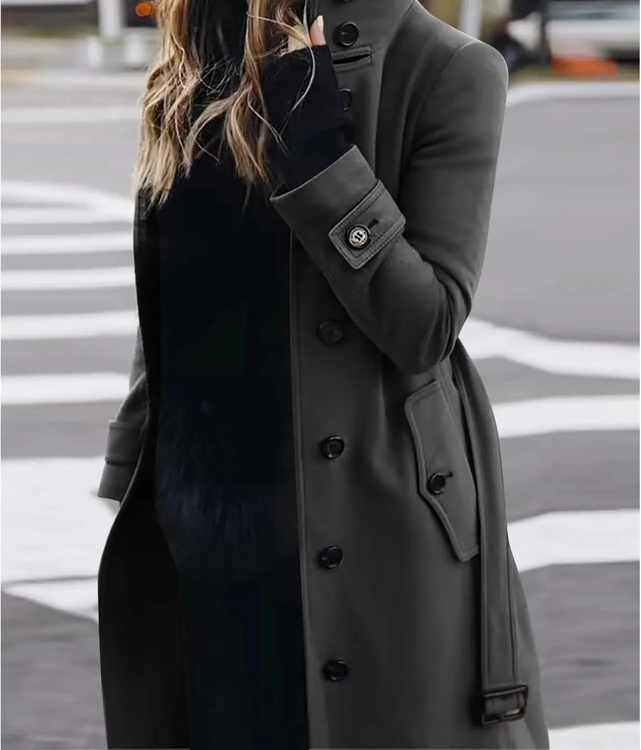 Womens Trench Coat Single Breasted Belted Coats Oversized Thick Warm Outerwear Stand Collar Winter Wool Blend Outwear