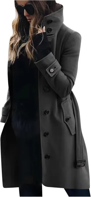 Womens Trench Coat Single Breasted Belted Coats Oversized Thick Warm Outerwear Stand Collar Winter Wool Blend Outwear