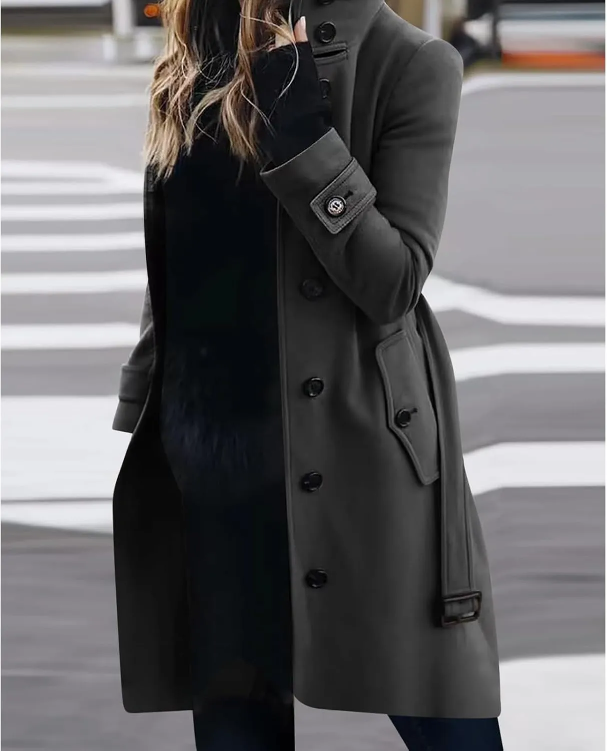 Womens Trench Coat Single Breasted Belted Coats Oversized Thick Warm Outerwear Stand Collar Winter Wool Blend Outwear