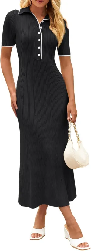 Women's V Neck Ribbed Knit Maxi Dress Button Short Sleeve Slim Fit Bodycon Sweater Dress