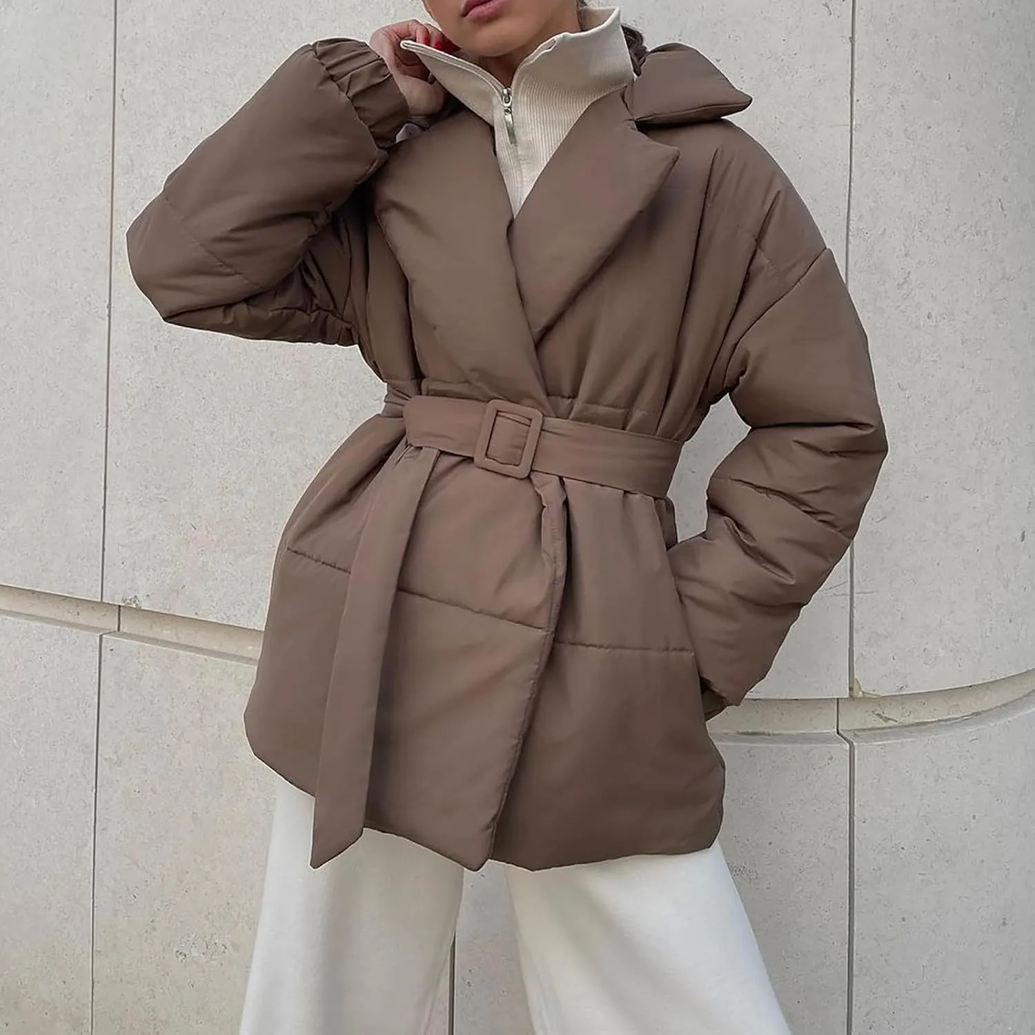 Womens Winter Coats Fashion Belted Puffer Jacket Lightweight Quilted Hooded Long Down Jacket Padded Parka Wrap Coats
