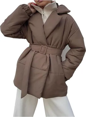 Womens Winter Coats Fashion Belted Puffer Jacket Lightweight Quilted Hooded Long Down Jacket Padded Parka Wrap Coats