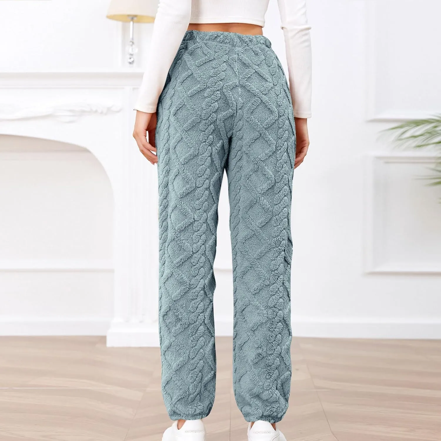 Women's Winter Warm Fleece Baggy Joggers Pants Sherpa Lined Sweatpants Jacquard Pajama Pants Plush Fuzzy Lounge Pants
