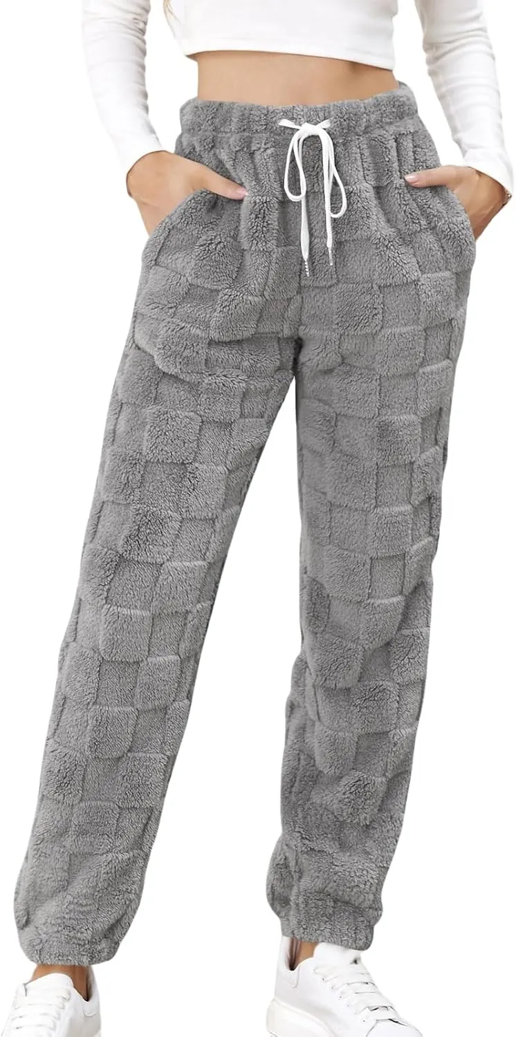 Women's Winter Warm Fleece Baggy Joggers Pants Sherpa Lined Sweatpants Jacquard Pajama Pants Plush Fuzzy Lounge Pants