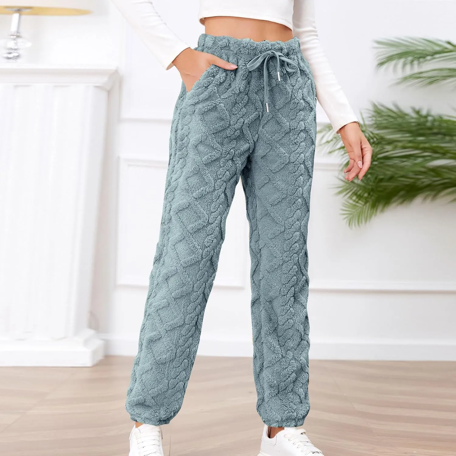 Women's Winter Warm Fleece Baggy Joggers Pants Sherpa Lined Sweatpants Jacquard Pajama Pants Plush Fuzzy Lounge Pants