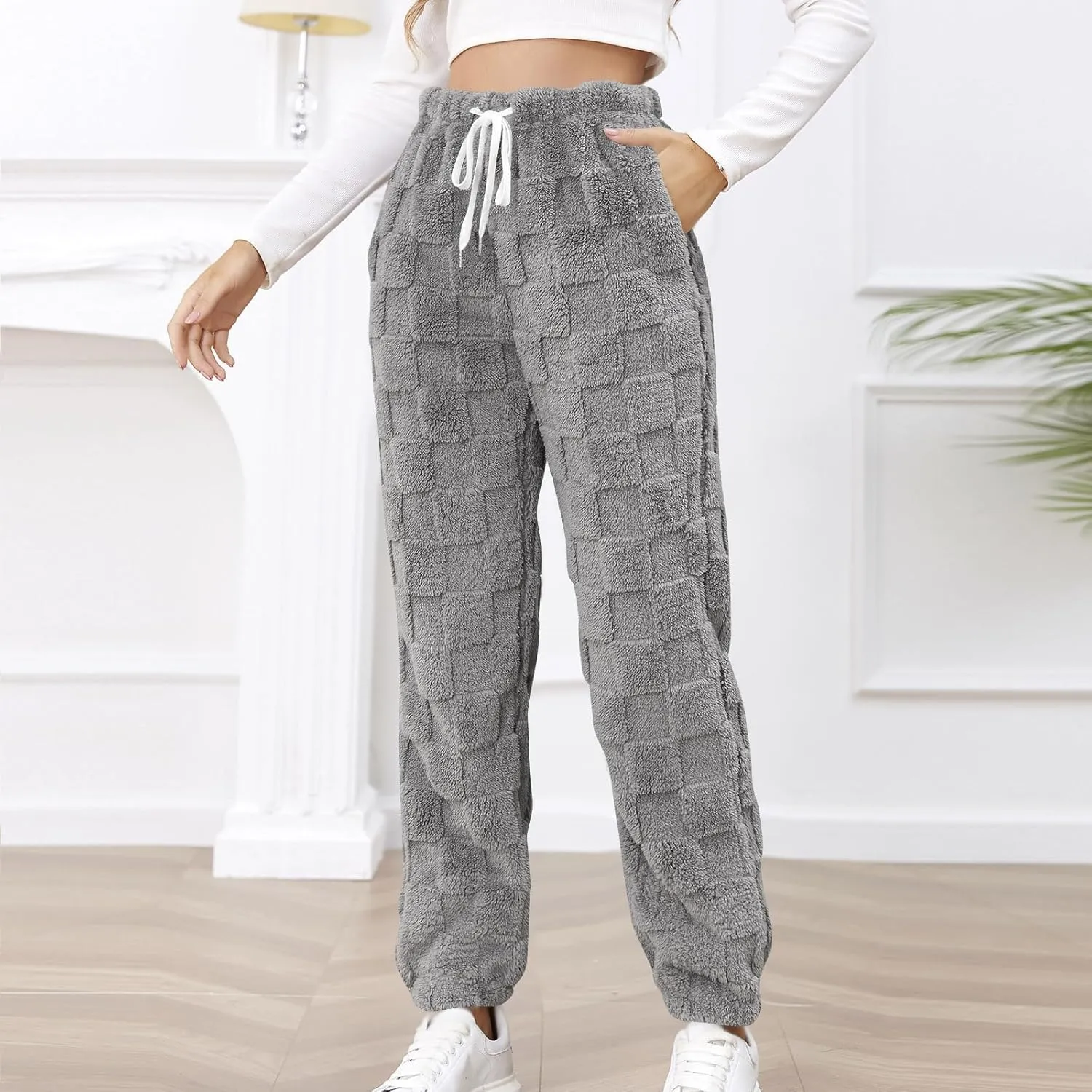 Women's Winter Warm Fleece Baggy Joggers Pants Sherpa Lined Sweatpants Jacquard Pajama Pants Plush Fuzzy Lounge Pants
