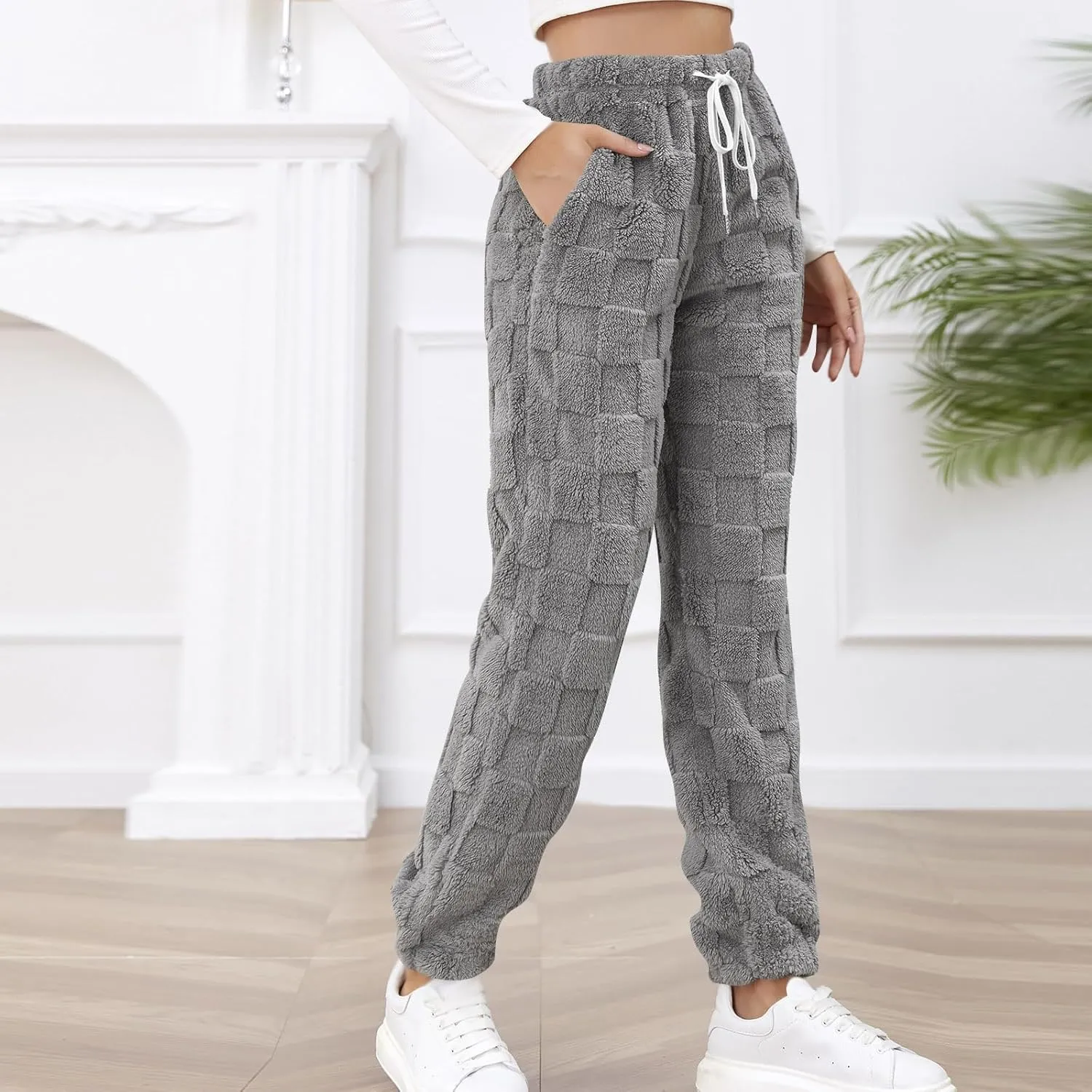 Women's Winter Warm Fleece Baggy Joggers Pants Sherpa Lined Sweatpants Jacquard Pajama Pants Plush Fuzzy Lounge Pants