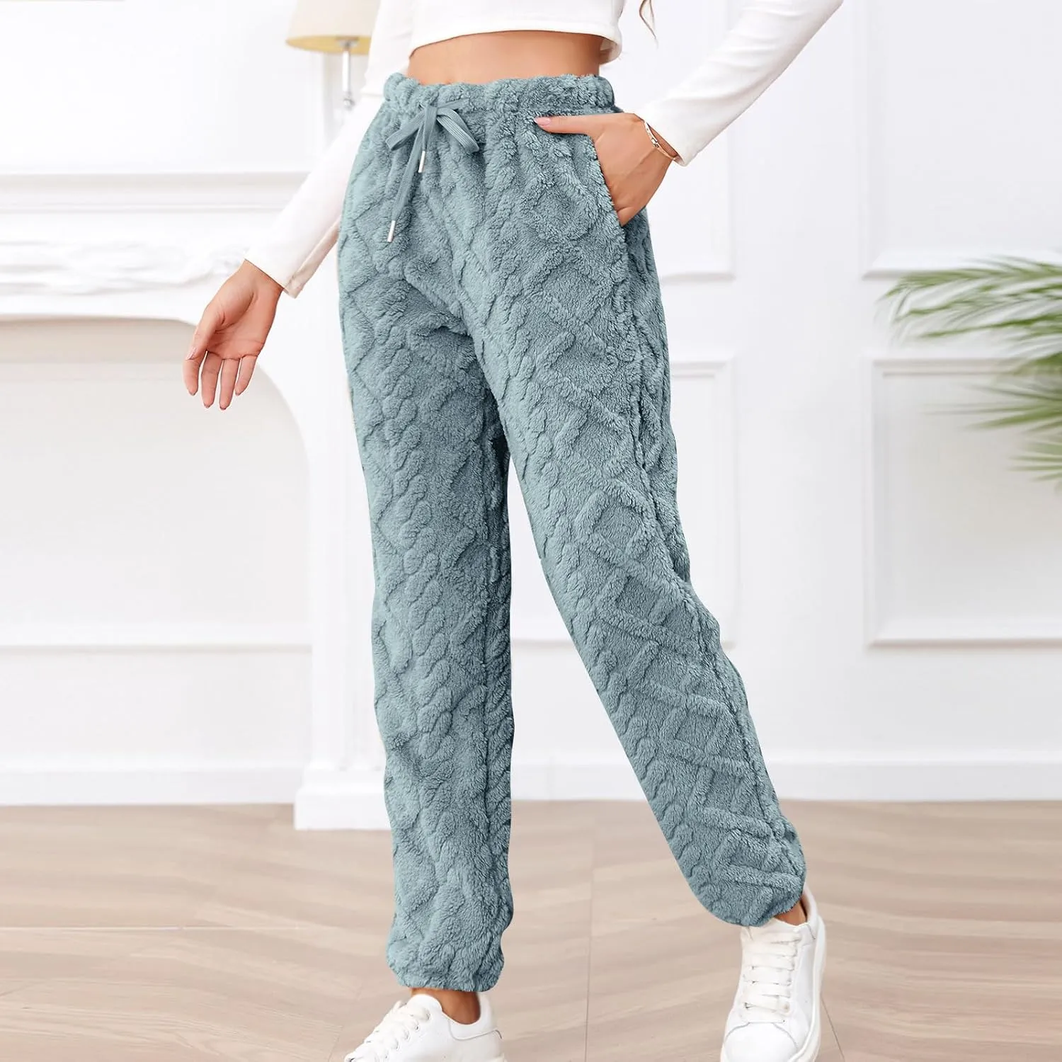 Women's Winter Warm Fleece Baggy Joggers Pants Sherpa Lined Sweatpants Jacquard Pajama Pants Plush Fuzzy Lounge Pants