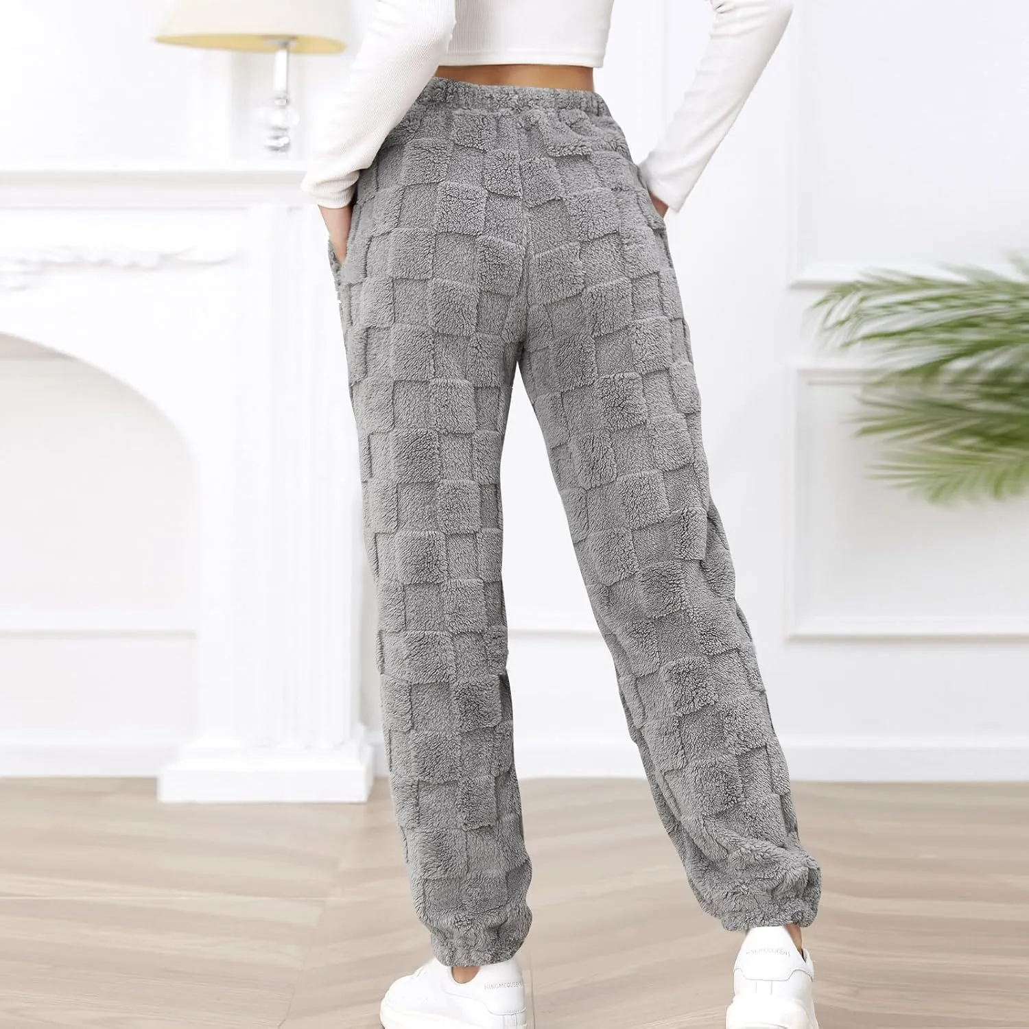 Women's Winter Warm Fleece Baggy Joggers Pants Sherpa Lined Sweatpants Jacquard Pajama Pants Plush Fuzzy Lounge Pants