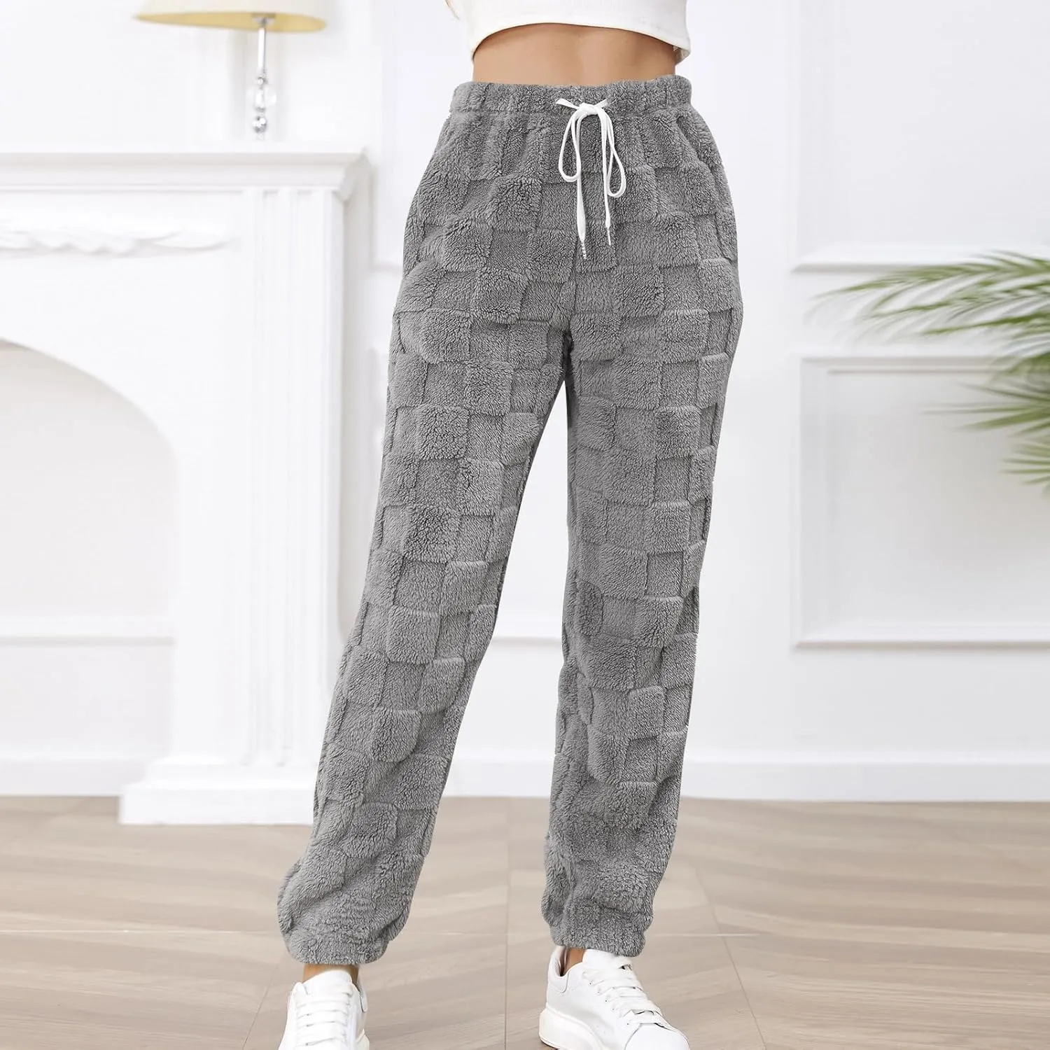 Women's Winter Warm Fleece Baggy Joggers Pants Sherpa Lined Sweatpants Jacquard Pajama Pants Plush Fuzzy Lounge Pants