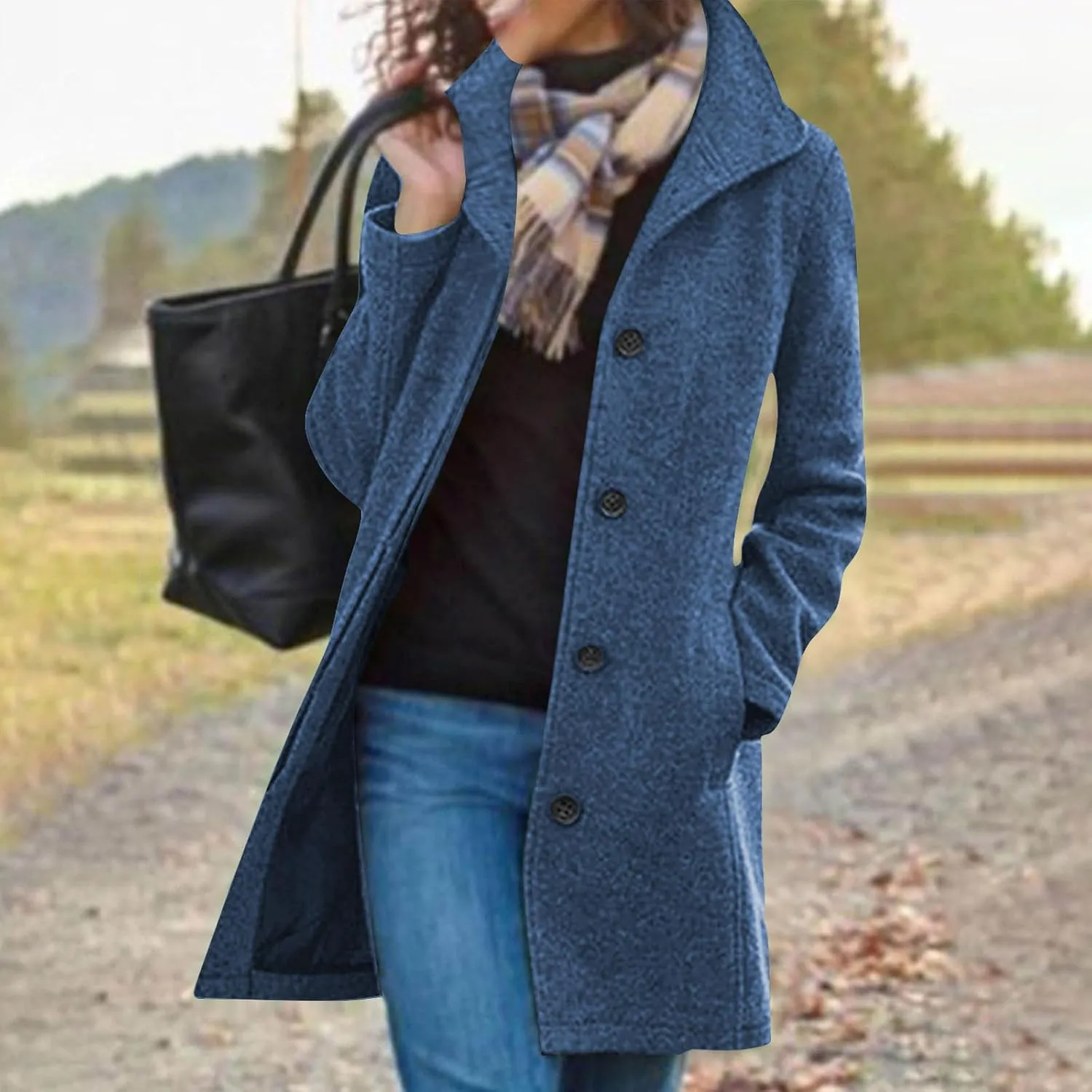Womens Winter Wool Blend Coat Solid Single Breasted Stand Collar Pea Coat Casual Loose Thicken Warm Trench Coat