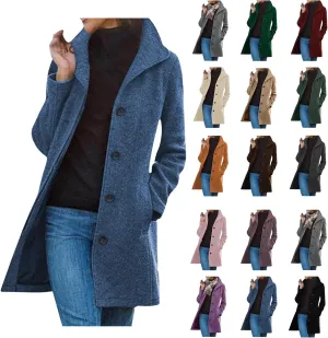 Womens Winter Wool Blend Coat Solid Single Breasted Stand Collar Pea Coat Casual Loose Thicken Warm Trench Coat