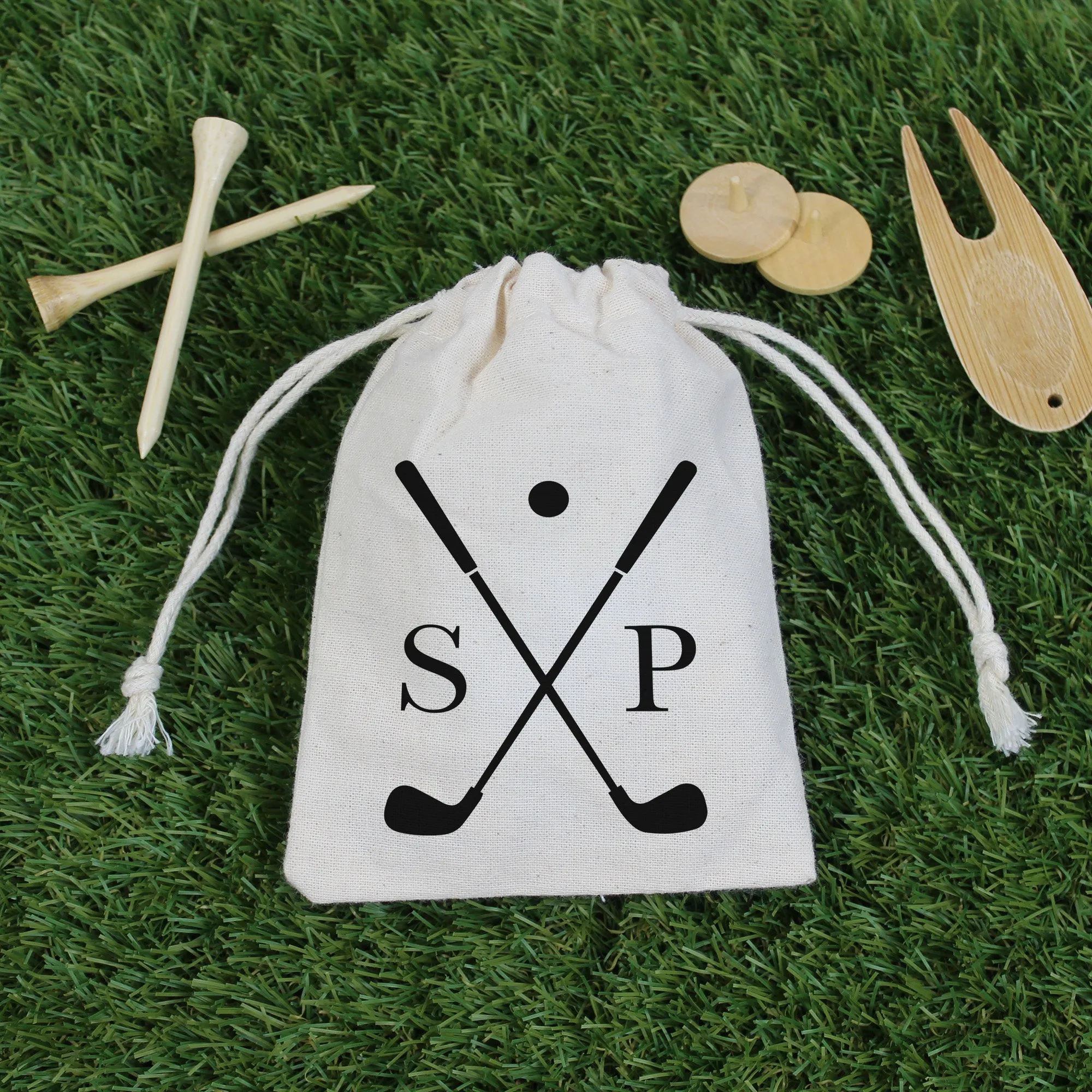 Wooden Golf Tools in Personalised Drawstring Bag