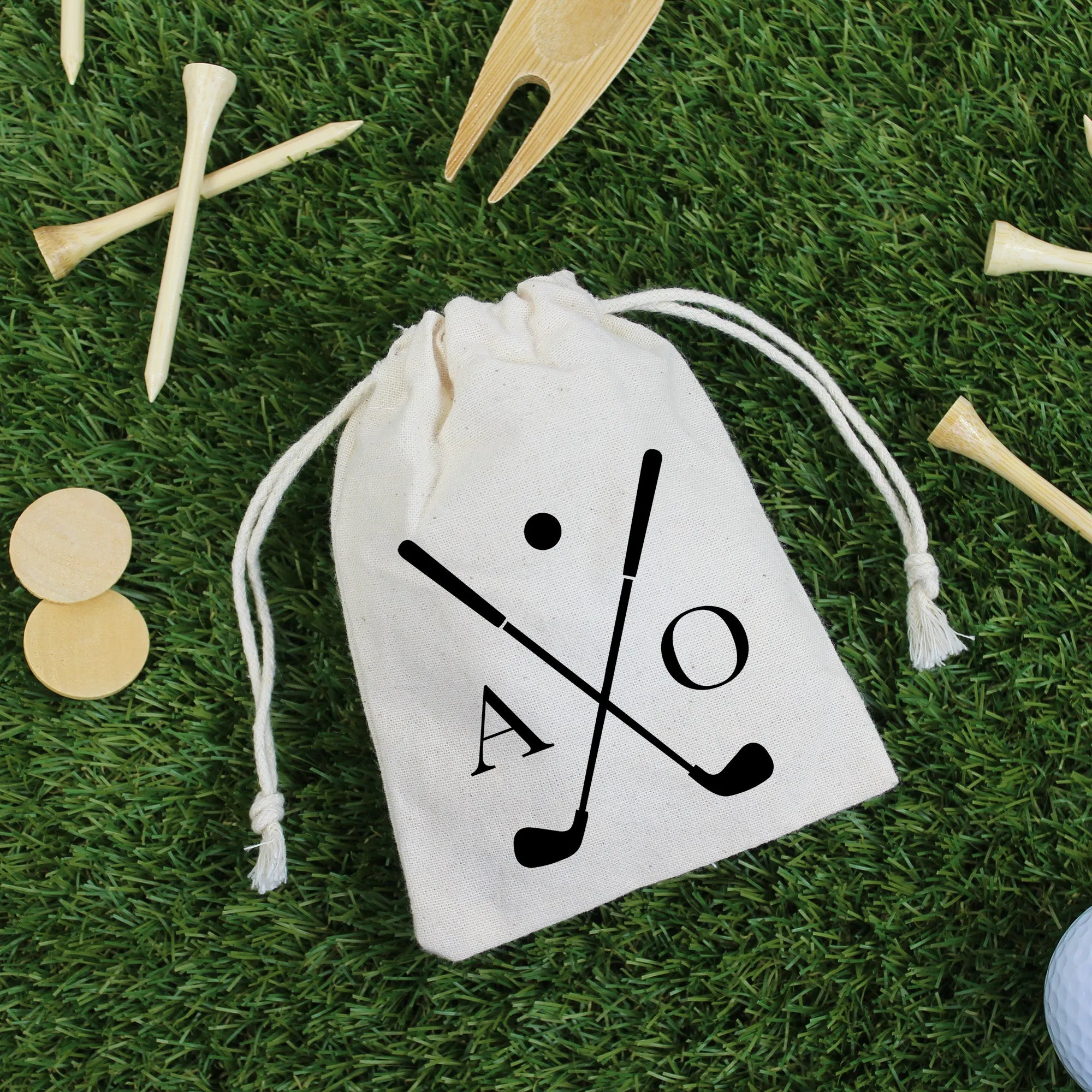 Wooden Golf Tools in Personalised Drawstring Bag