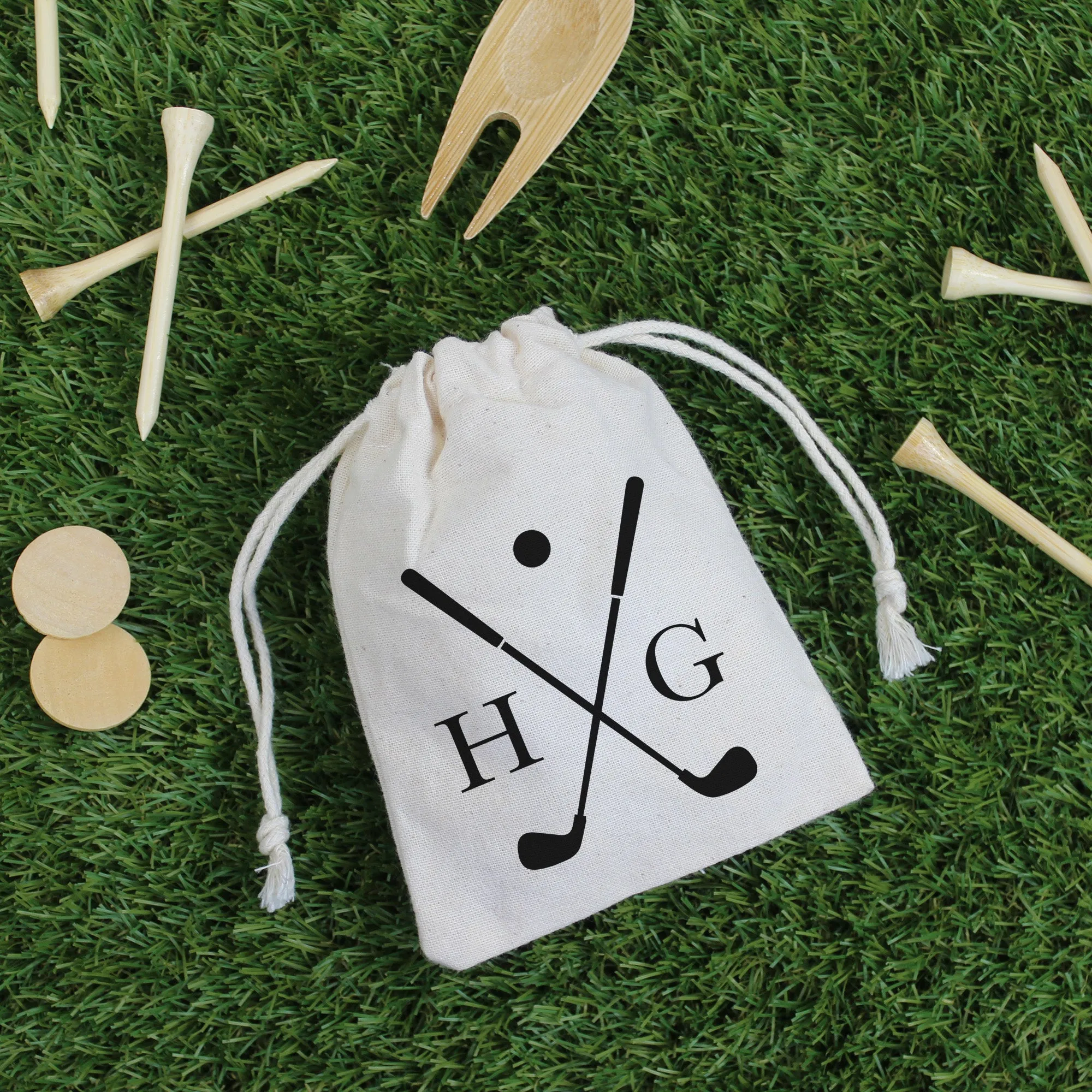 Wooden Golf Tools in Personalised Drawstring Bag