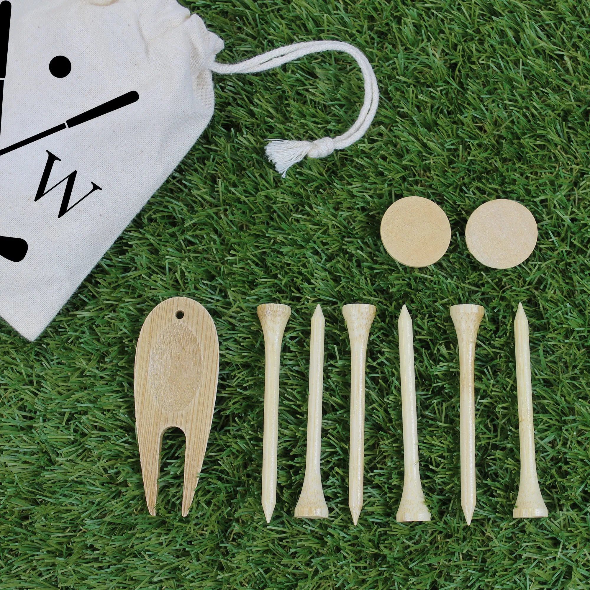 Wooden Golf Tools in Personalised Drawstring Bag