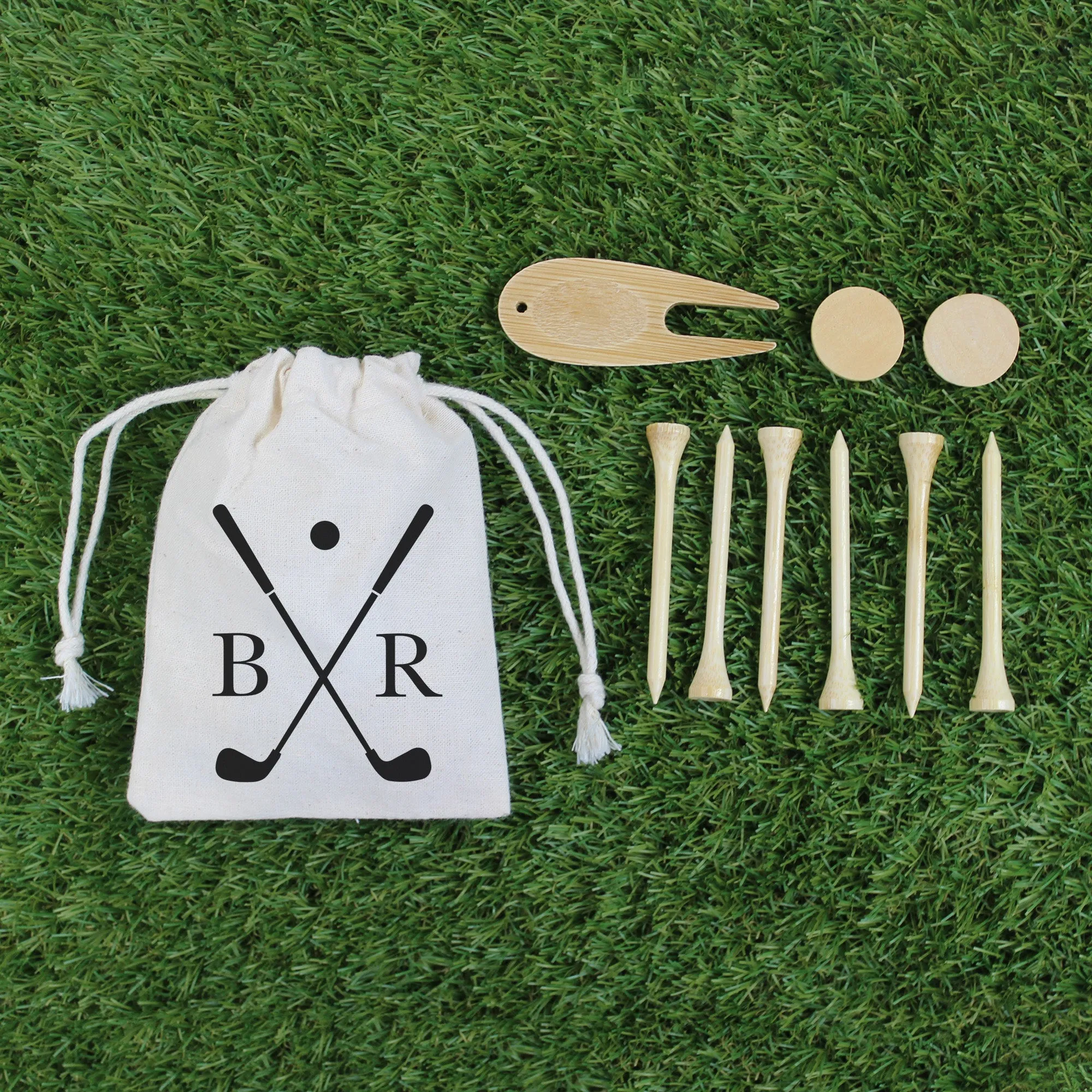 Wooden Golf Tools in Personalised Drawstring Bag