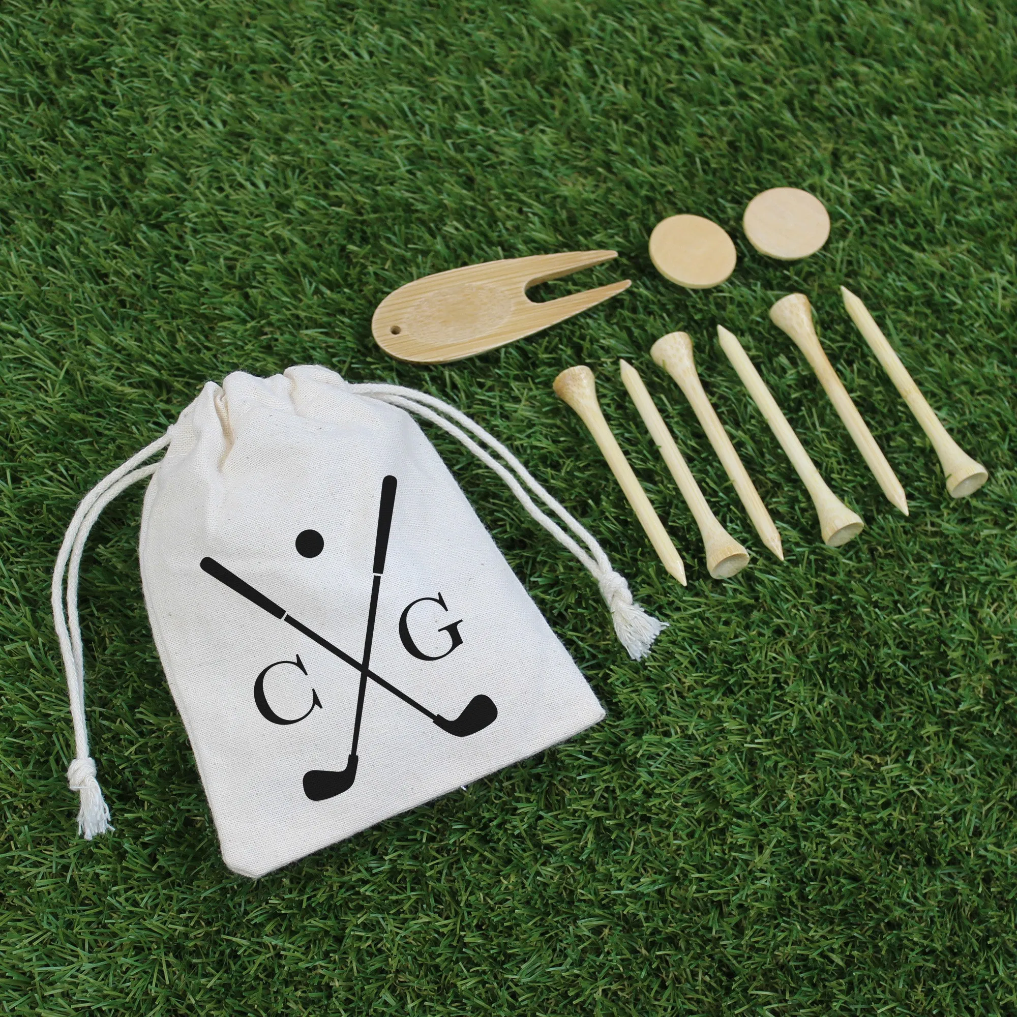 Wooden Golf Tools in Personalised Drawstring Bag