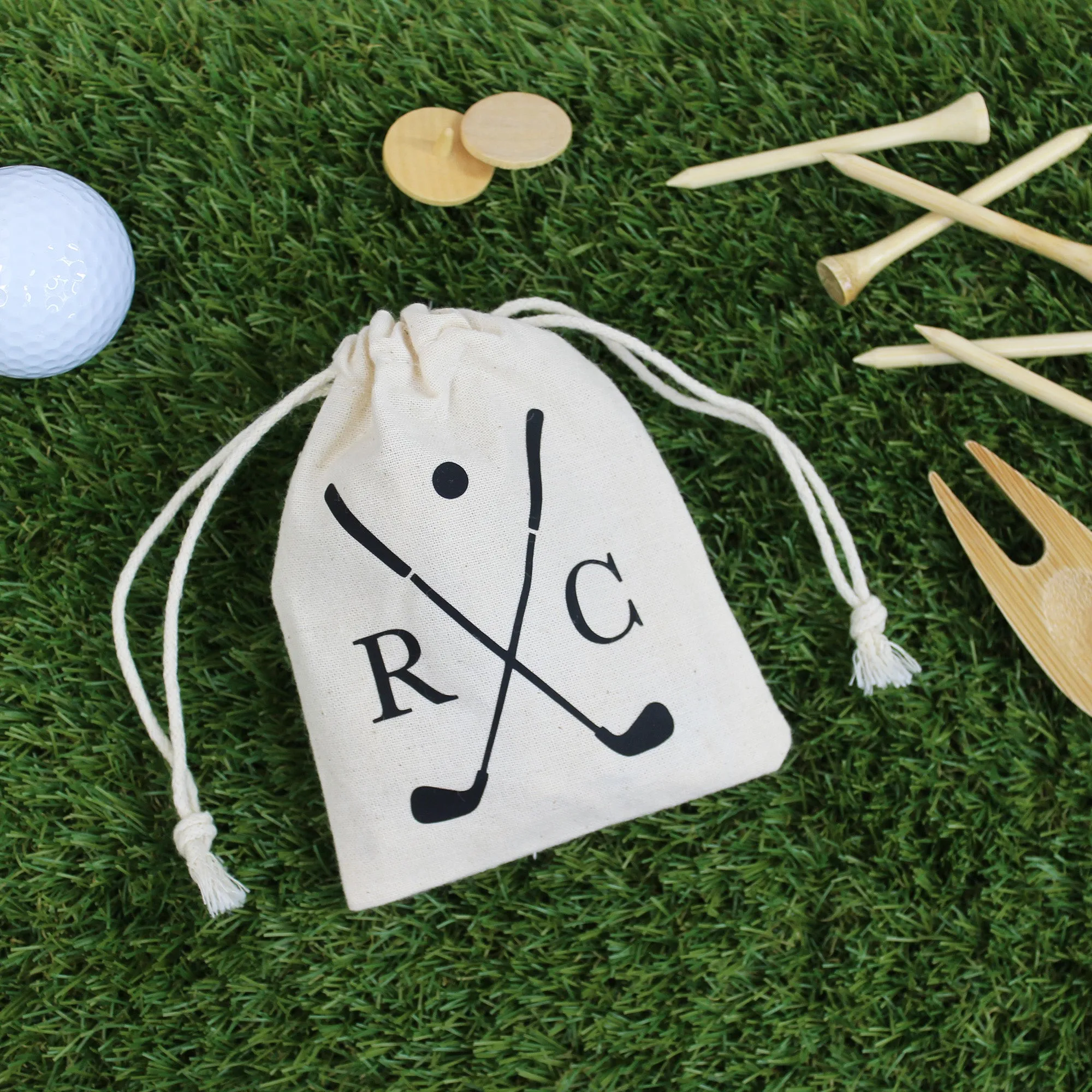 Wooden Golf Tools in Personalised Drawstring Bag