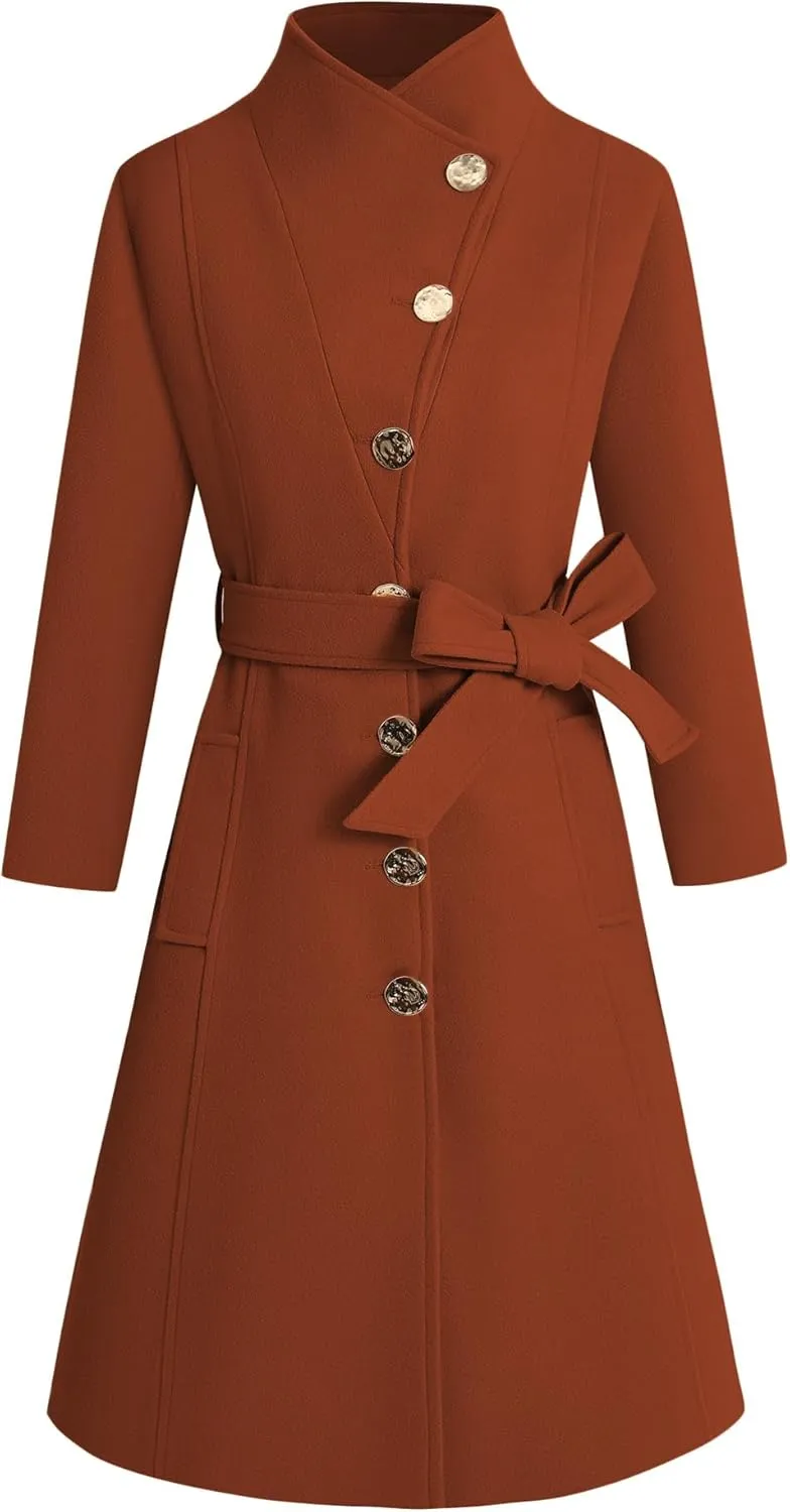 Wool Coats for Women Winter Long Pea Coats Stand Collar Single Breasted Trench Coat with Belt