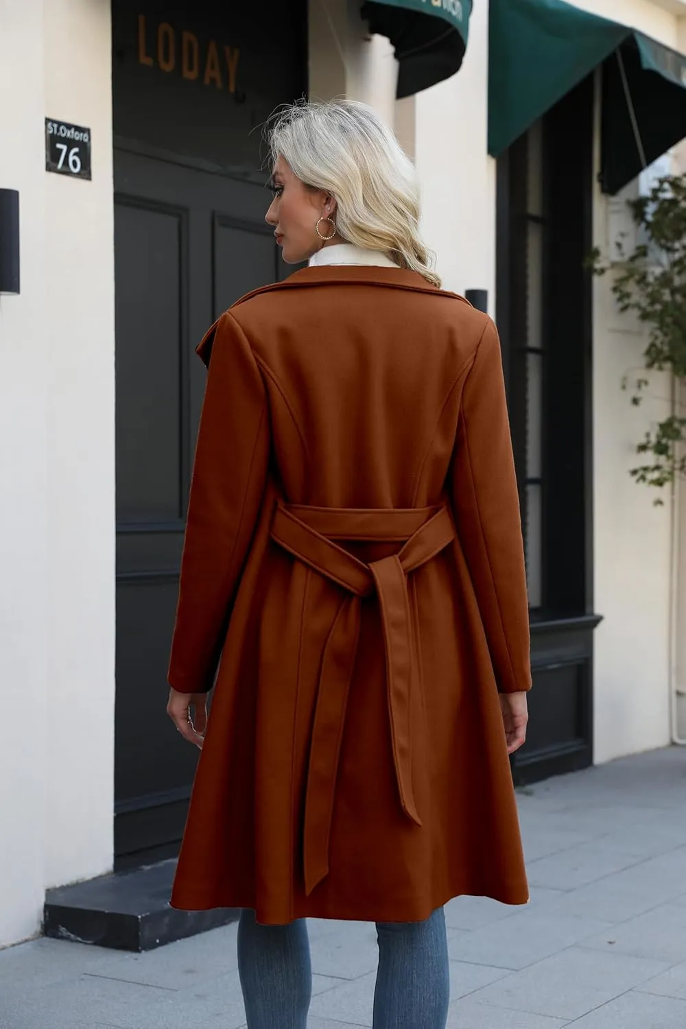 Wool Coats for Women Winter Long Pea Coats Stand Collar Single Breasted Trench Coat with Belt