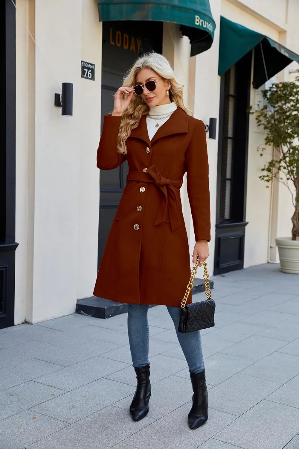 Wool Coats for Women Winter Long Pea Coats Stand Collar Single Breasted Trench Coat with Belt