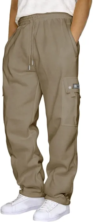 Work Pants for Men Solid Multi-Pocket Mid-Rise Zipper Comfort Stretch High Waist Slim Casual Straight Trousers