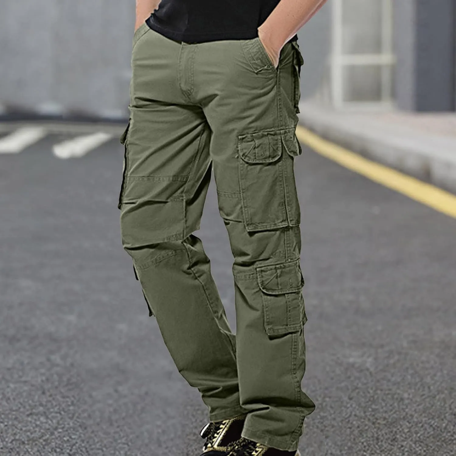 Work Pants for Men Solid Multi-Pocket Mid-Rise Zipper Comfort Stretch High Waist Slim Casual Straight Trousers