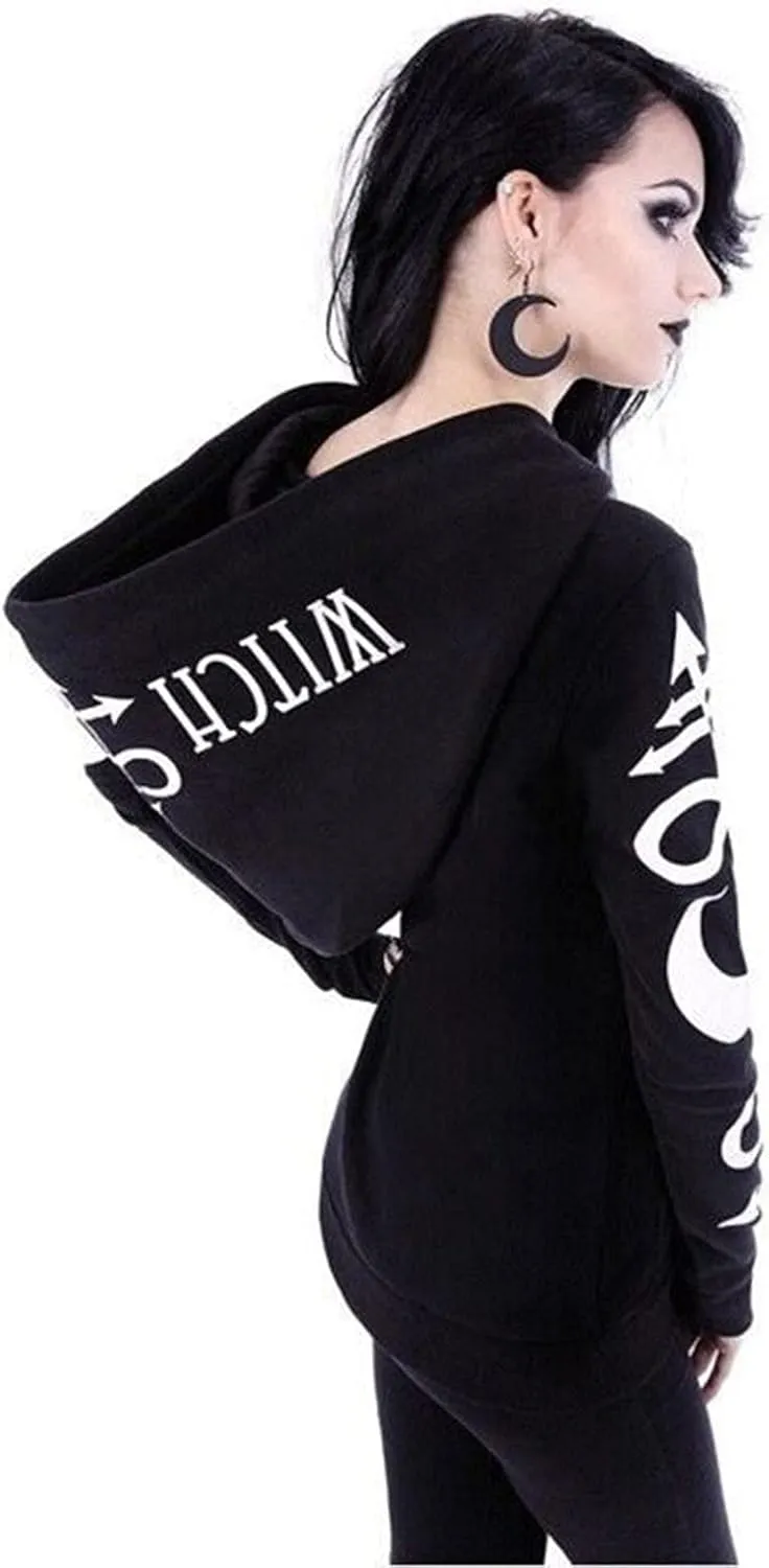 Xiaojmake Women Punk Gothic Sweatshirt Witchcraft Moon Long Hoodie Jacket Oversized Long Sleeve Zip Up Halloween Hooded Coats