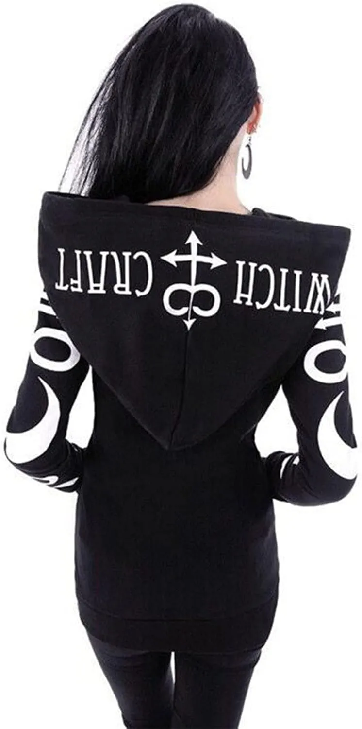 Xiaojmake Women Punk Gothic Sweatshirt Witchcraft Moon Long Hoodie Jacket Oversized Long Sleeve Zip Up Halloween Hooded Coats