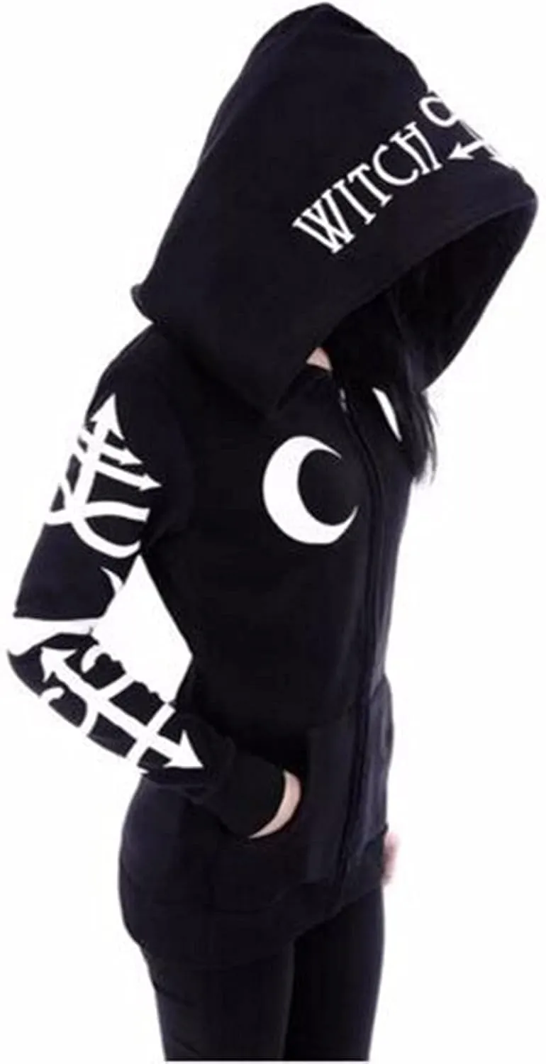 Xiaojmake Women Punk Gothic Sweatshirt Witchcraft Moon Long Hoodie Jacket Oversized Long Sleeve Zip Up Halloween Hooded Coats
