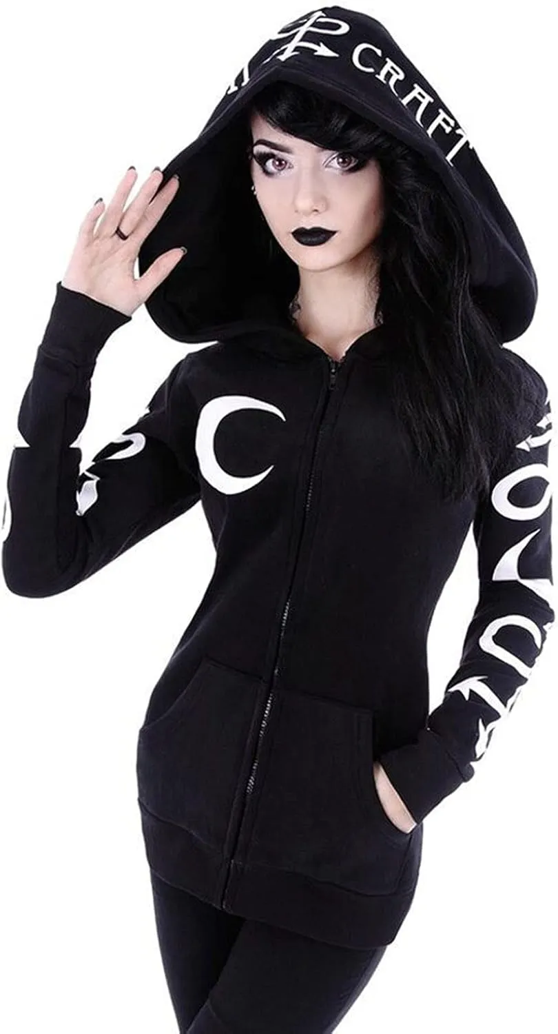 Xiaojmake Women Punk Gothic Sweatshirt Witchcraft Moon Long Hoodie Jacket Oversized Long Sleeve Zip Up Halloween Hooded Coats