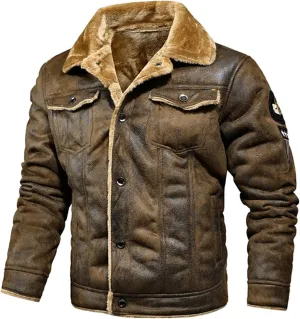 XIAXOGOOL Winter Coat For Men,Bomber Faux Leather Jacket For Men Vintage Turn-Down Collar Sherpa Lining Coat Sport Jackets