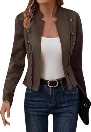 YMING Womens Faux Suede Double Breasted Coats Fall Long Sleeve Jackets Vintage Solid Color Moto Coats
