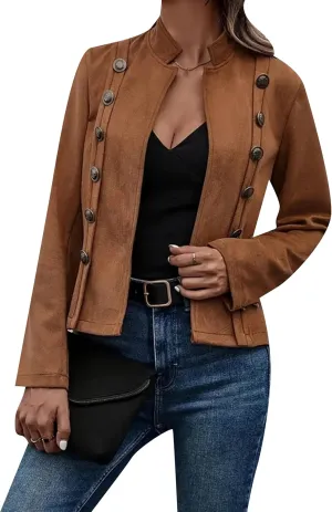 YMING Womens Faux Suede Double Breasted Coats Fall Long Sleeve Jackets Vintage Solid Color Moto Coats