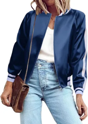 Zeagoo Women's Bomber Jacket Lightweight Zip Up Jacket Casual Striped Jacket Coat Outerwear Windbreaker with Pockets