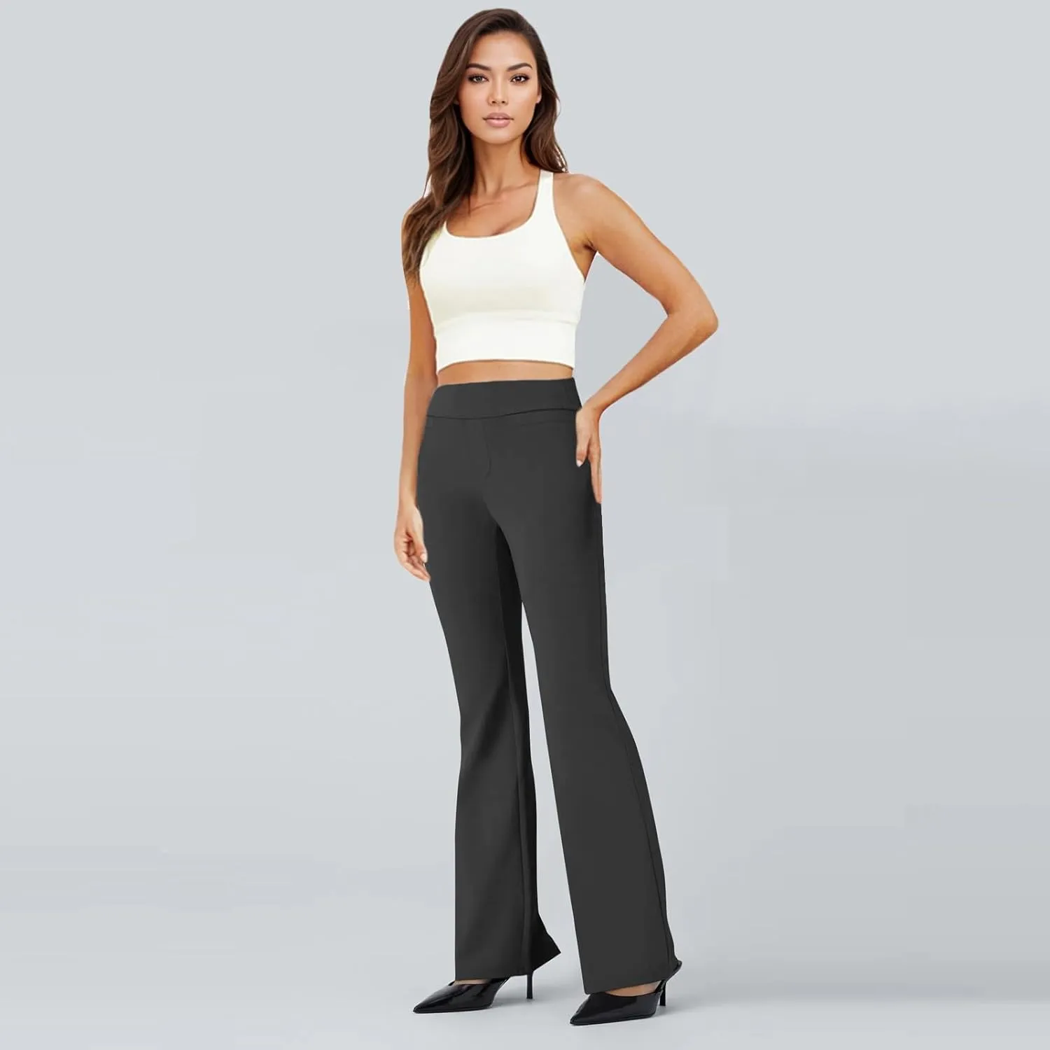 ZEFOTIM Flare Pants for Women Elastic Waist High Waisted Trouser Solid Color Curvy Trousers with Pocket