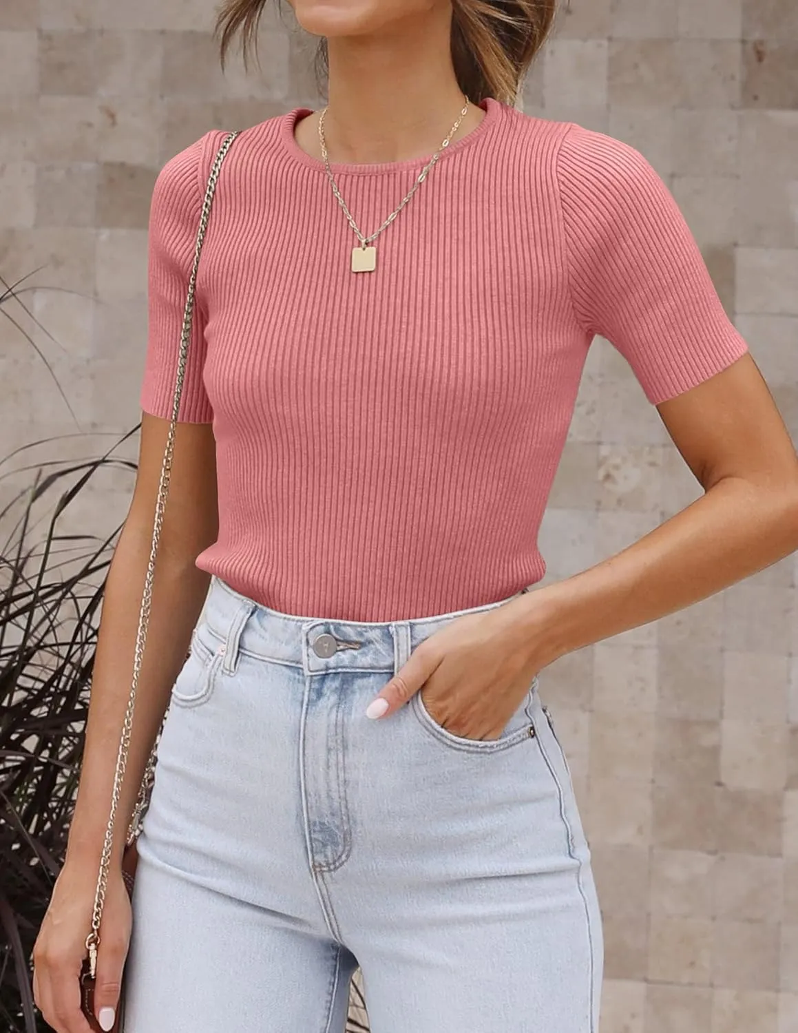 ZESICA Women's Short Sleeve Sweater Tops 2025 Summer Crewneck T Shirt Ribbed Knit Slim Fit Basic Solid Color Tee