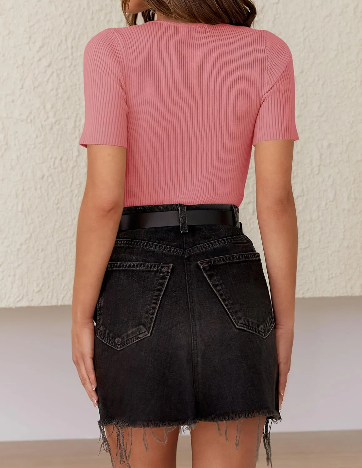 ZESICA Women's Short Sleeve Sweater Tops 2025 Summer Crewneck T Shirt Ribbed Knit Slim Fit Basic Solid Color Tee