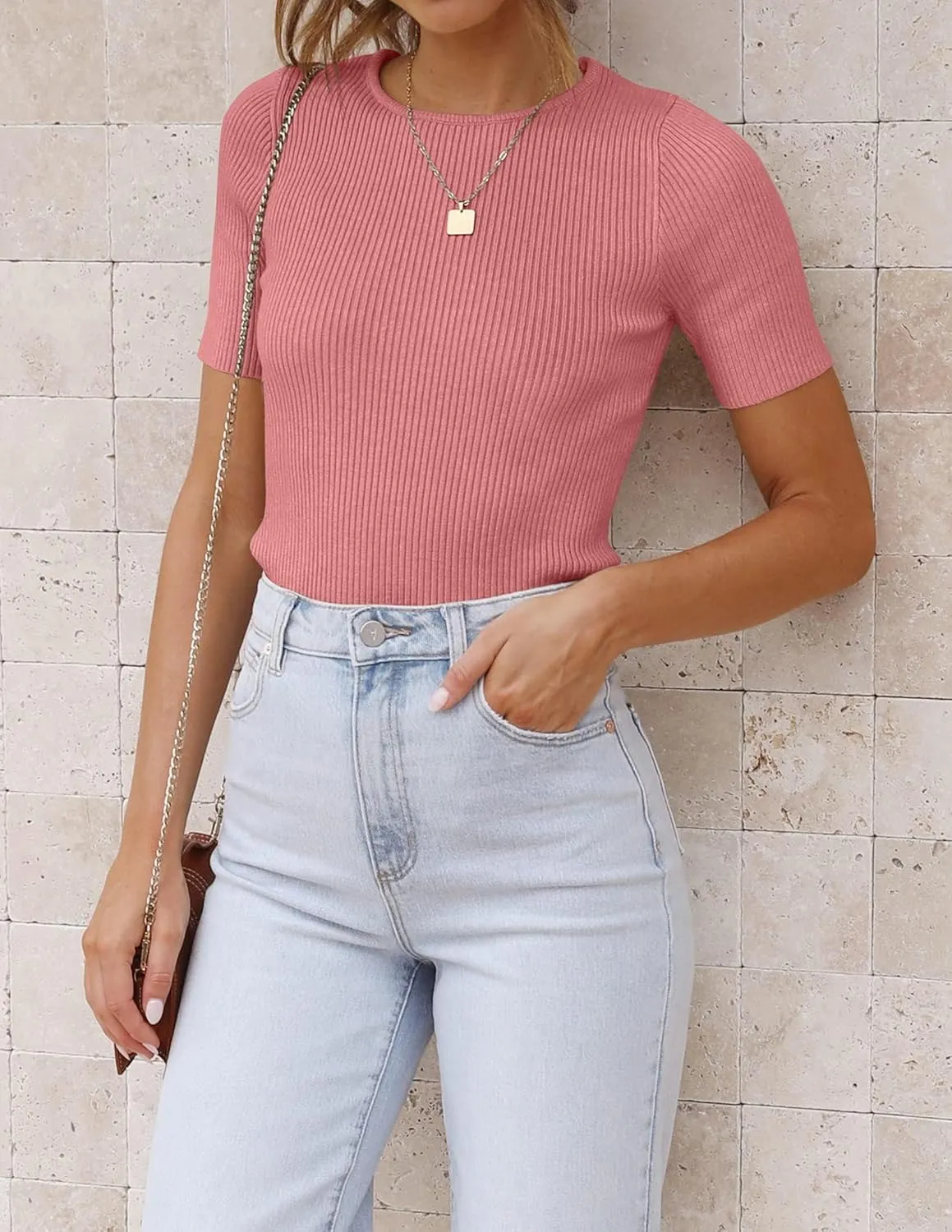 ZESICA Women's Short Sleeve Sweater Tops 2025 Summer Crewneck T Shirt Ribbed Knit Slim Fit Basic Solid Color Tee