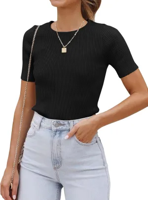 ZESICA Women's Short Sleeve Sweater Tops 2025 Summer Crewneck T Shirt Ribbed Knit Slim Fit Basic Solid Color Tee
