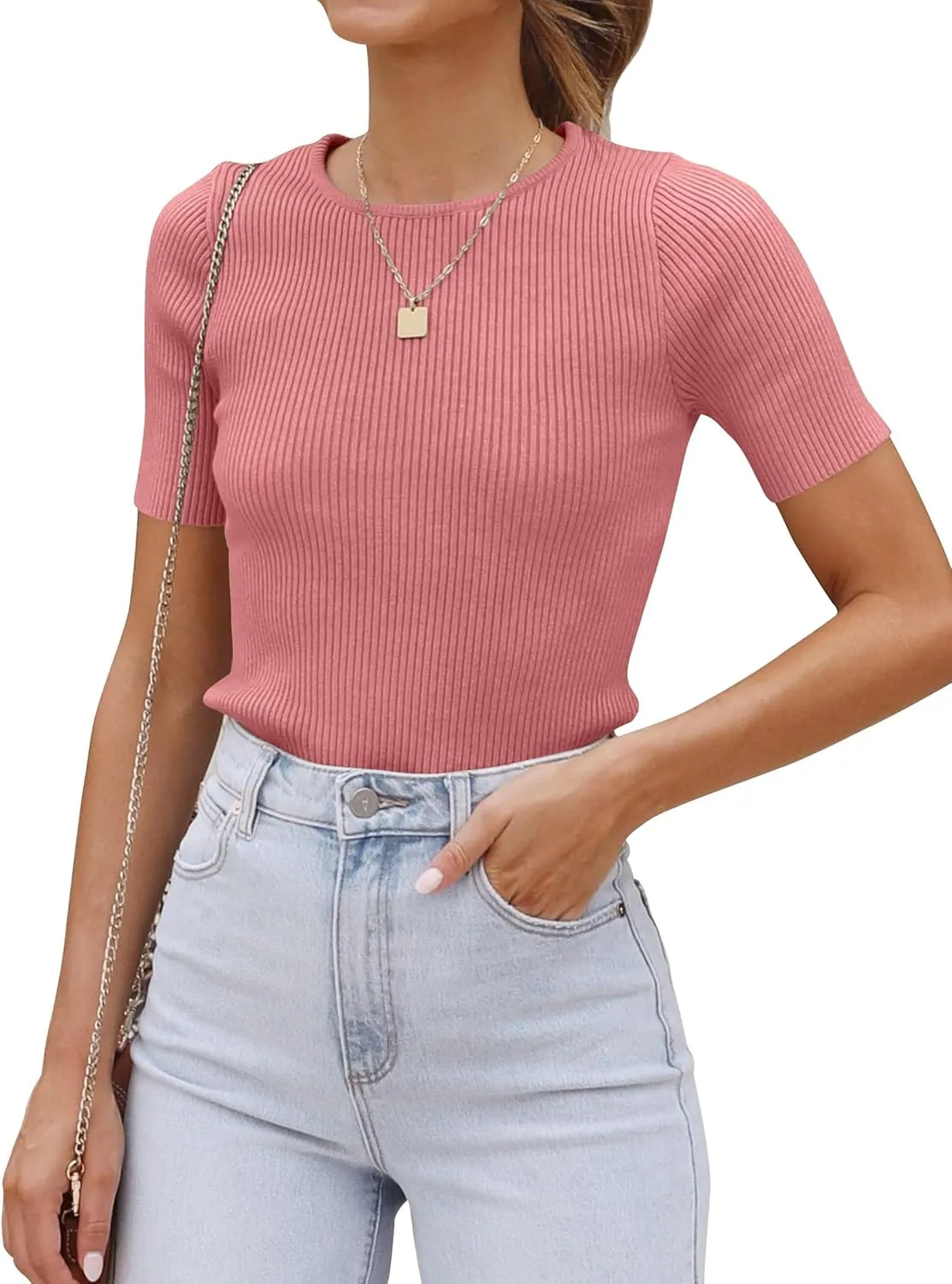 ZESICA Women's Short Sleeve Sweater Tops 2025 Summer Crewneck T Shirt Ribbed Knit Slim Fit Basic Solid Color Tee