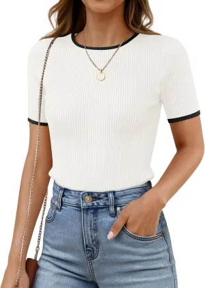 ZESICA Women's Summer Short Sleeve Ribbed Knit Slim Fit T Shirt 2025 Crewneck Basic Casual Color Block Tee Tops