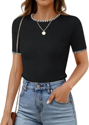 ZESICA Women's Summer Short Sleeve Ribbed Knit Slim Fit T Shirt 2025 Crewneck Basic Casual Color Block Tee Tops