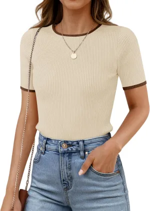 ZESICA Women's Summer Short Sleeve Ribbed Knit Slim Fit T Shirt 2025 Crewneck Basic Casual Color Block Tee Tops