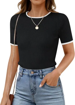 ZESICA Women's Summer Short Sleeve Ribbed Knit Slim Fit T Shirt 2025 Crewneck Basic Casual Color Block Tee Tops